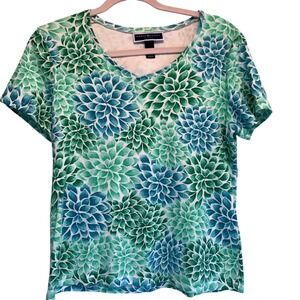Karen Scott Petites Floral V-Neck Top PL Short Sleeve Casual Vibrant Knit Shirt